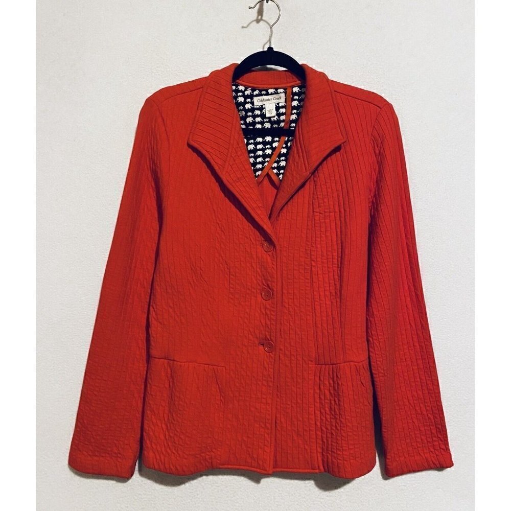 Coldwater Creek Blazer Womens 14 Red Quilted Ribbed Peplem Hem Cotton Stretch